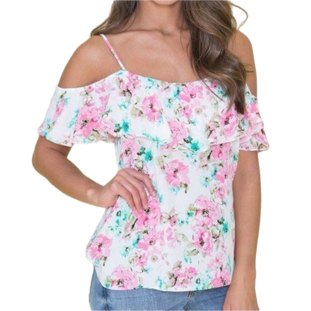 Pink Lily Floral Off Shoulder Blouse Pink White Spring Top